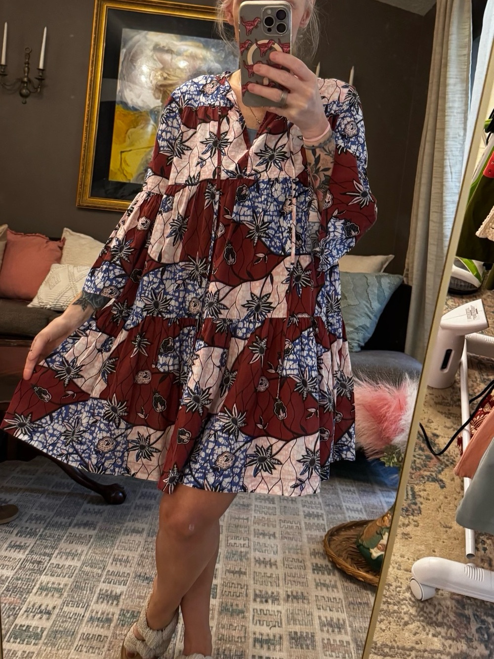 Warm Red, Blue and Cream Floral Patchwork Dress - Picture 2 of 4